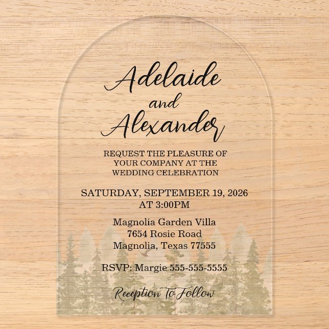 Invitations En Acrylique Mariage en forêt de bois vert (Recto)