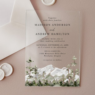Invitations En Acrylique Mariage en forêt de conifères rustique en montagne