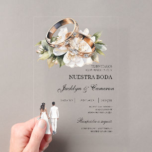 Invitations En Acrylique Mariage Espagnol Fleur Blanche avec anneau
