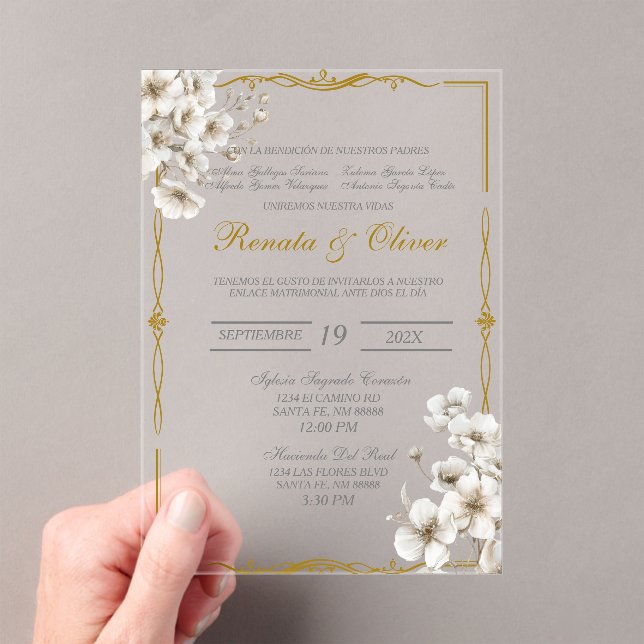 Invitations En Acrylique Mariage espagnol floral blanc acrylique (In situ (ordinateur de poche))