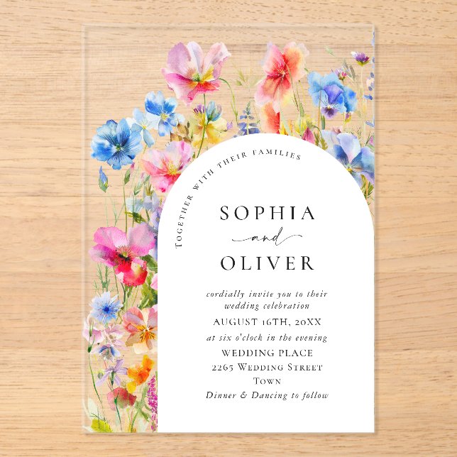Invitations En Acrylique Mariage Festive Bright Watercolor Fleurs sauvages (Recto)