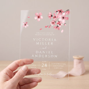 Invitations En Acrylique Mariage Fleur de Cerisier Rose Aquarelle