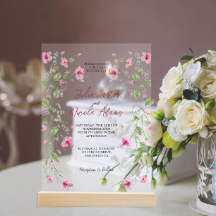 Invitations En Acrylique Mariage Fleur d'Hibiscus Rose Bleu Marine Poussiér