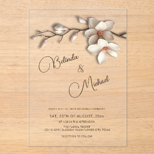 Invitations En Acrylique Mariage Fleur Effet Relief Magnolia Blanc Cassé