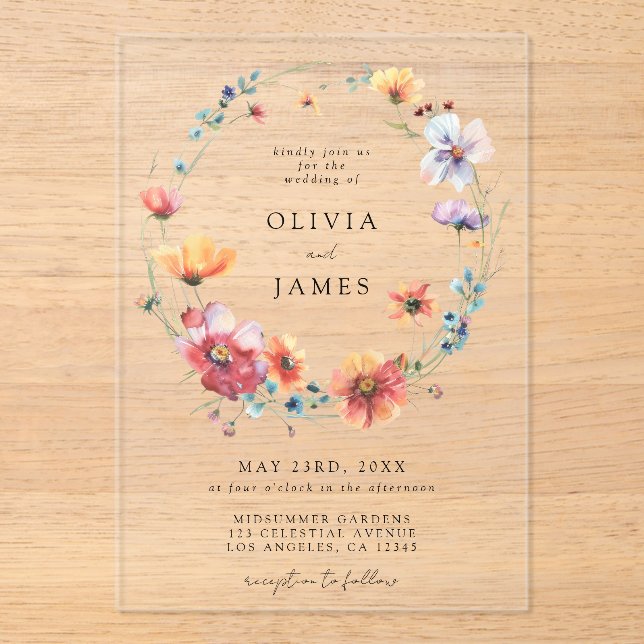 Invitations En Acrylique Mariage Fleur sauvage aquarelle (Recto)