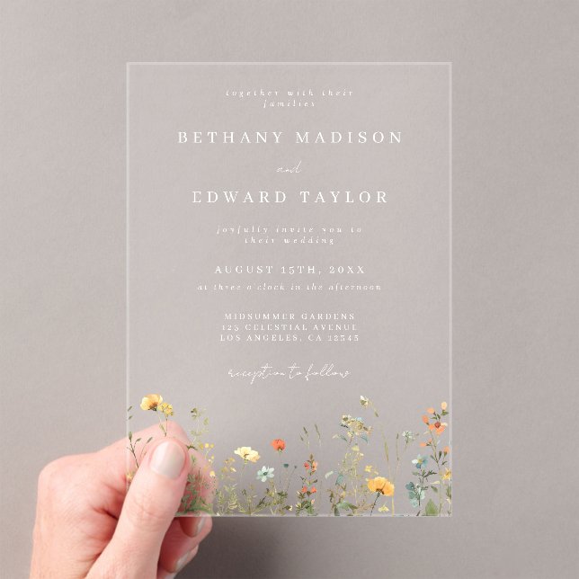 Invitations En Acrylique Mariage Fleur sauvage d'aquarelle minimal (In situ (ordinateur de poche))