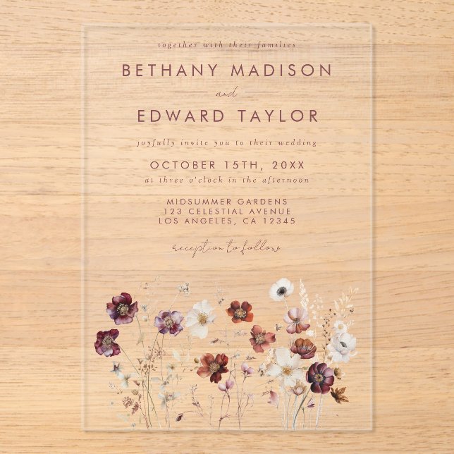 Invitations En Acrylique Mariage Fleur sauvage d'automne (Recto)