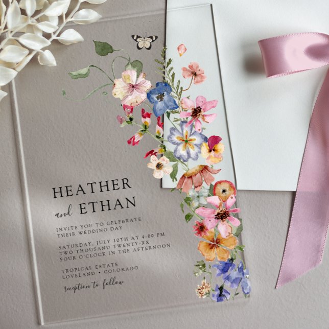 Invitations En Acrylique Mariage Fleur sauvage moderne (Modern Watercolor Wildflower Wedding Acrylic Invitations with Butterfly by Painted Paperie
)