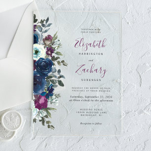 Invitations En Acrylique Mariage Fleurie Aquarelle Bleu Nuit prune