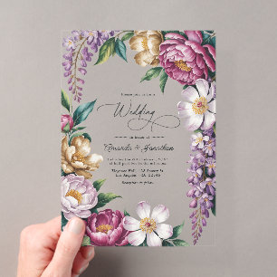 Invitations En Acrylique Mariage Fleurie de Brume Mauve, Or Champagne & Bla