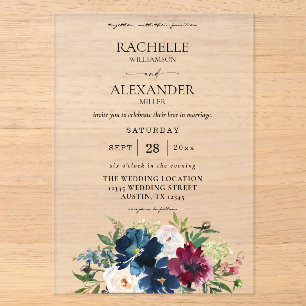 Invitations En Acrylique Mariage Fleuris Bleu Marine, Bourgogne & Blanc