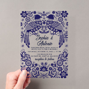 Invitations En Acrylique Mariage Fleuriste Otomi Fiesta Oiseaux Bleus Mexic