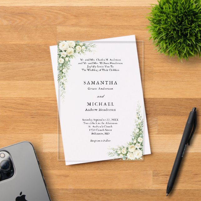 Invitations En Acrylique Mariage Fleurs Crème Blanche Noms des Deux Parents (Insitu (Carte d'invitation))