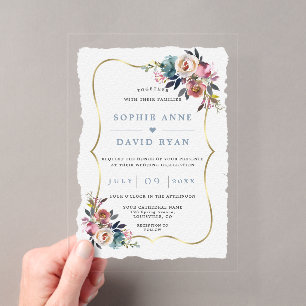 Invitations En Acrylique Mariage Fleurs de Dusty Blue Misty Rose Charmant