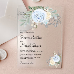 Invitations En Acrylique Mariage Fleurs d'Ivoire Bleu Poussière