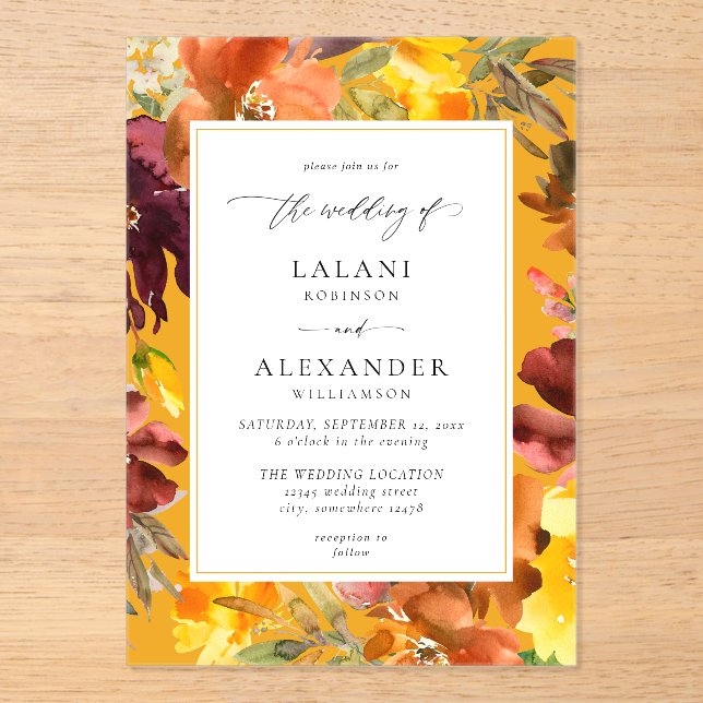 Invitations En Acrylique Mariage floral à automne orange et jaune -3 or (Recto)