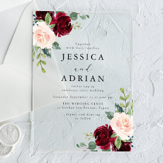 Invitations En Acrylique Mariage Floral Aquarelle Bourguignon & Rose Classi