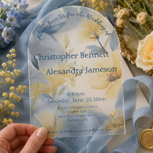 Invitations En Acrylique Mariage Floral Aquarelle Jaune Pâle et Bleu