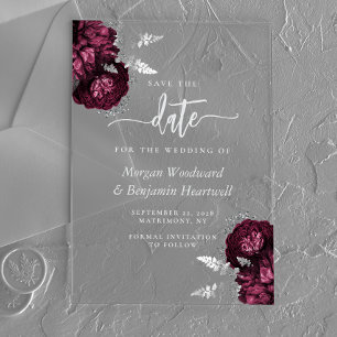 Invitations En Acrylique Mariage floral argenté Bourgogne Enregistrer la da