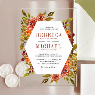 Invitations En Acrylique Mariage Floral Automnal Orange Brûlé Rustique