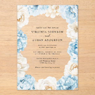 Invitations En Acrylique Mariage Floral aux Pivoines Champagne Bleu Poussié