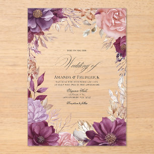 Invitations En Acrylique Mariage Floral aux Tons de Prune, Gris, Cuivre et 