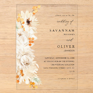Invitations En Acrylique Mariage floral beige et orange