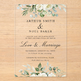 Invitations En Acrylique Mariage floral blanc élégant personnalisable 