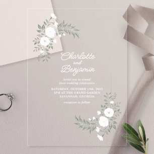 Invitations En Acrylique Mariage floral blanc verdoyant