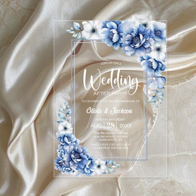 Invitations En Acrylique Mariage floral bleu après la fête (Créateur téléchargé)