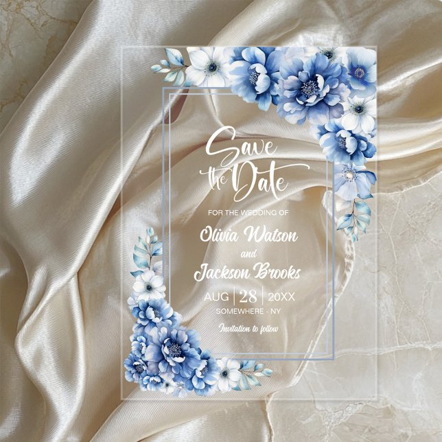 Invitations En Acrylique Mariage Floral Bleu Enregistrer la date (Créateur téléchargé)
