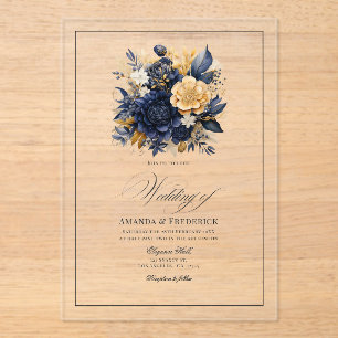 Invitations En Acrylique Mariage floral bleu marine et or transparent