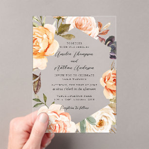 Invitations En Acrylique Mariage Floral Botanique Moderne Teinté de Pêche