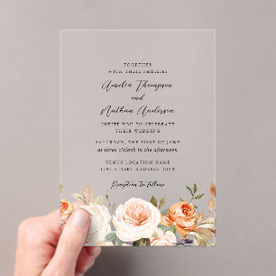 Invitations En Acrylique Mariage Floral Botanique Orange Brûlé Rustique