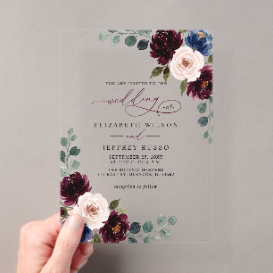 Invitations En Acrylique Mariage Floral Burgundy Blush Navy Greenery