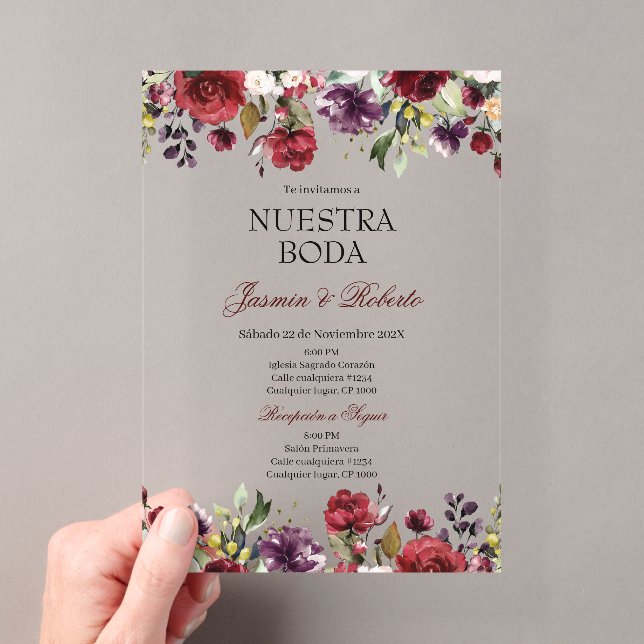 Invitations En Acrylique Mariage Floral de Bourgogne (In situ (ordinateur de poche))
