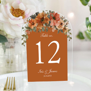 Invitations En Acrylique Mariage floral de cuivre orange brûlé Numéro de ta