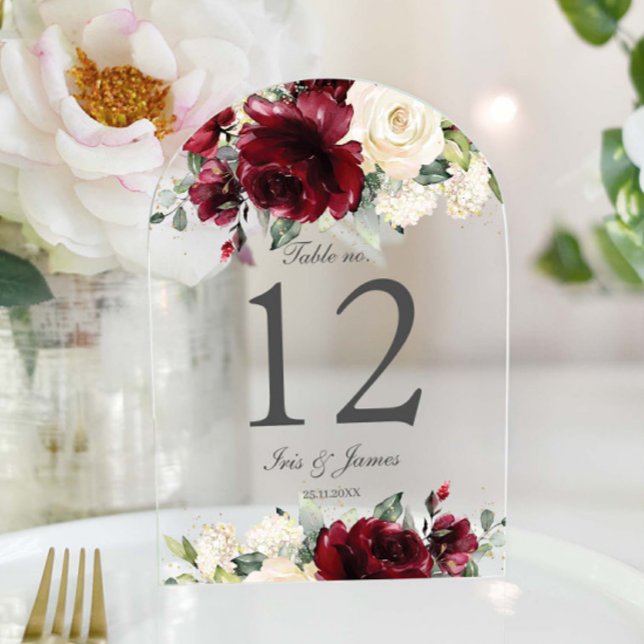 Invitations En Acrylique Mariage floral d'ivoire de Bourgogne rustique Numé (Créateur téléchargé)