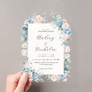 Invitations En Acrylique Mariage Floral Élégant Bleu Poussiéreux et Pêche