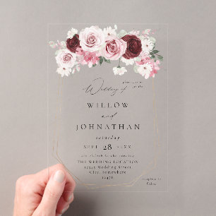 Invitations En Acrylique Mariage Floral Élégant Bourgogne & Rose Pâle 6 Ele