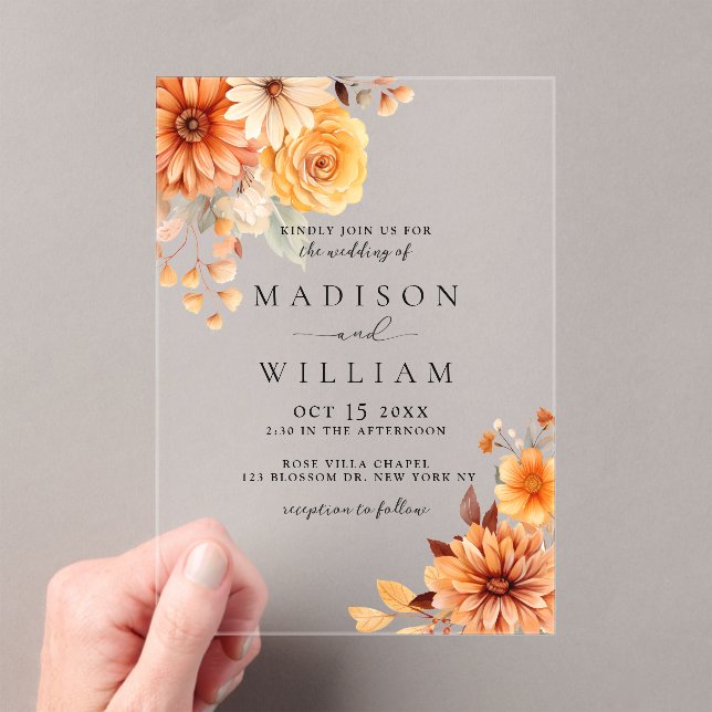 Invitations En Acrylique Mariage Floral Élégant de Marguerite d'Automne (In situ (ordinateur de poche))