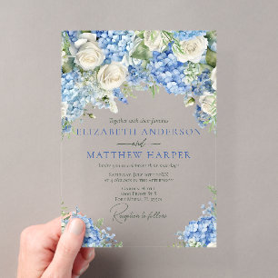 Invitations En Acrylique Mariage Floral Élégant Hydrangea Bleue Roses Blanc