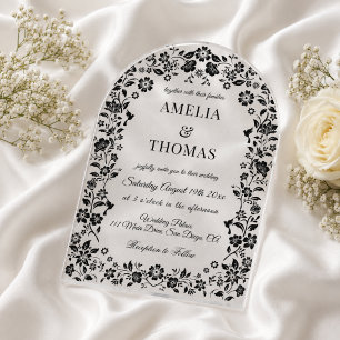 Invitations En Acrylique Mariage Floral Élégant Noir 