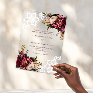 Invitations En Acrylique Mariage floral en dentelle rose Bourgogne pêche