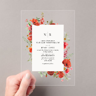 Invitations En Acrylique Mariage floral Fleur sauvage Monogram Poppy