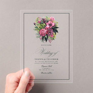 Invitations En Acrylique Mariage floral Fuchsia, vert émeraude et noir