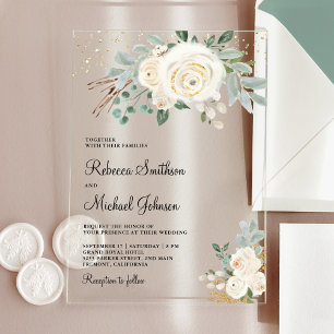 Invitations En Acrylique Mariage Floral Ivoire Or Rustique