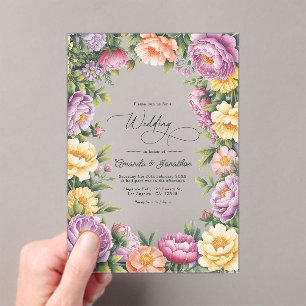 Invitations En Acrylique Mariage Floral Lilas, Jaune Beurre et Corail Pâle