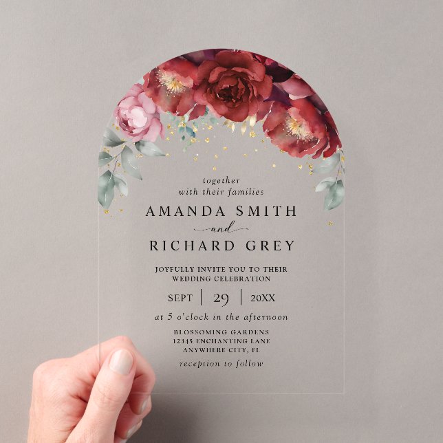 Invitations En Acrylique Mariage floral moderne Boho Bourgogne rouge et or (In situ (ordinateur de poche))