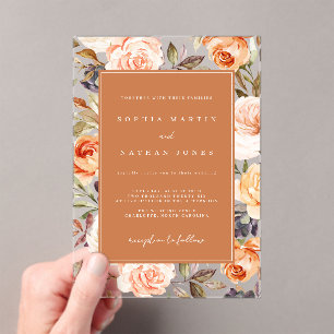 Invitations En Acrylique Mariage floral moderne brûlé orange clair